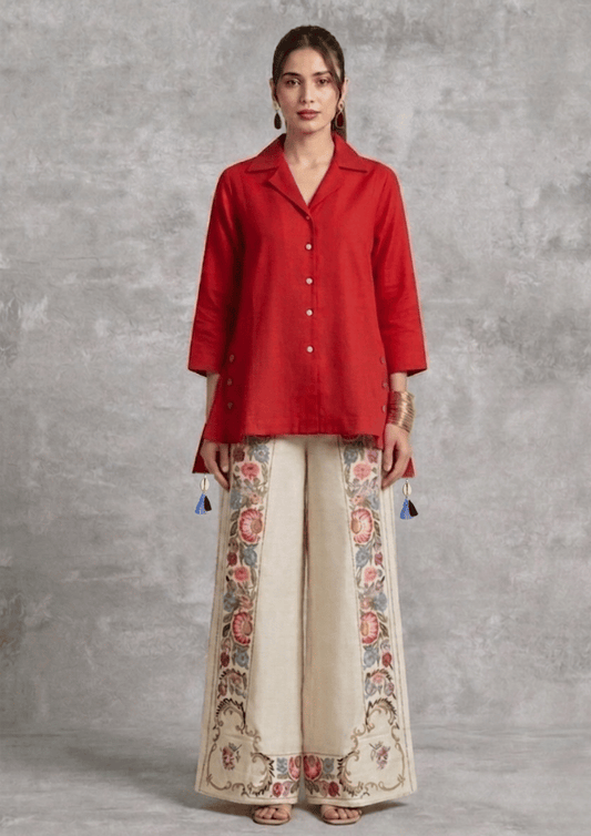 Red Indo-Western Button-Detail Co-Ord Set with Printed Straight Pants (Code Ru - 14  (FL 2265))