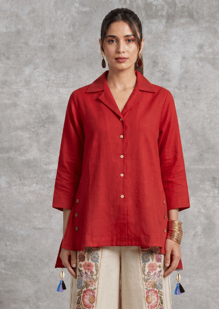 Red Indo-Western Button-Detail Co-Ord Set with Printed Straight Pants (Code Ru - 14  (FL 2265))