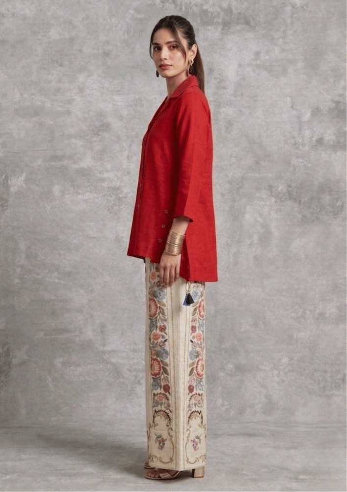 Red Indo-Western Button-Detail Co-Ord Set with Printed Straight Pants (Code Ru - 14  (FL 2265))