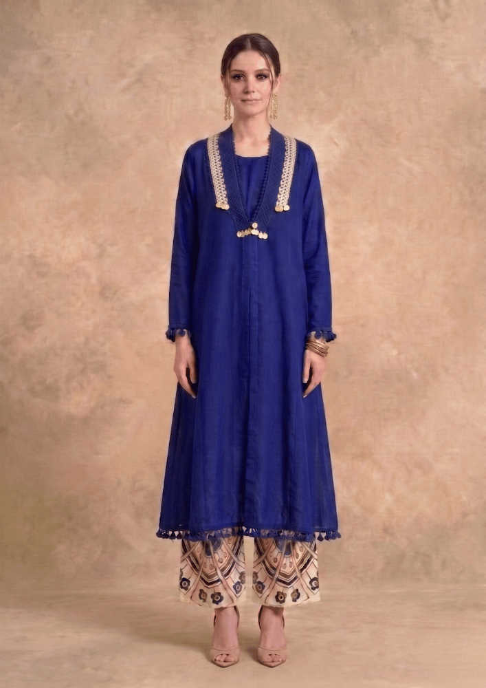 Royal Blue Indo-Western Co-Ord Set with Coin Lace Detailing (Code RU - 13 (FL 2262))