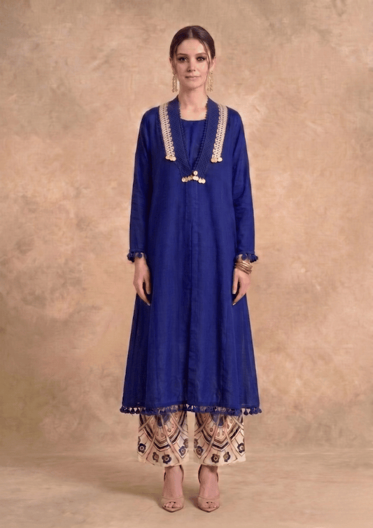 Royal Blue Indo-Western Co-Ord Set with Coin Lace Detailing (Code RU - 13 (FL 2262))