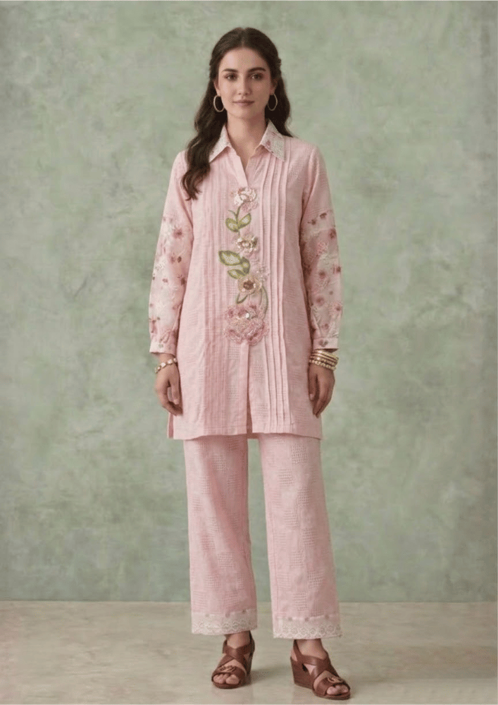 Soft Pink Indo-Western Embroidered Kurta Co-Ord Set with Straight Pants (Code St - 2 (1818 PK))