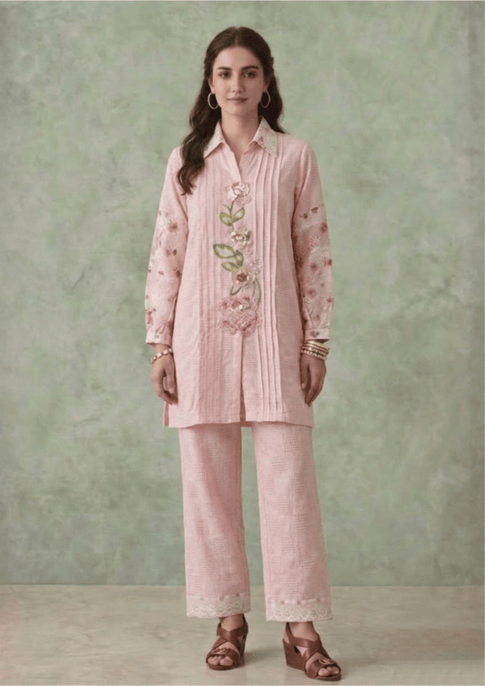 Soft Pink Indo-Western Embroidered Kurta Co-Ord Set with Straight Pants (Code St - 2 (1818 PK))