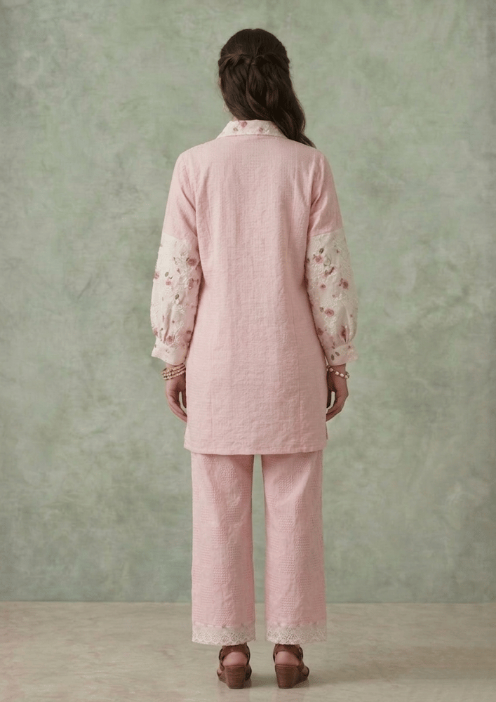 Soft Pink Indo-Western Embroidered Kurta Co-Ord Set with Straight Pants (Code St - 2 (1818 PK))
