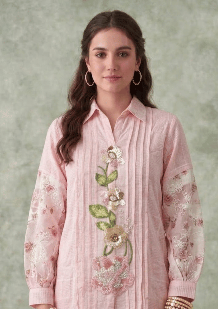 Soft Pink Indo-Western Embroidered Kurta Co-Ord Set with Straight Pants (Code St - 2 (1818 PK))