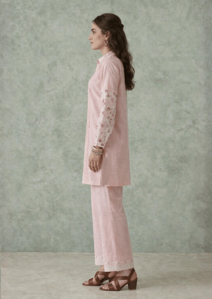 Soft Pink Indo-Western Embroidered Kurta Co-Ord Set with Straight Pants (Code St - 2 (1818 PK))