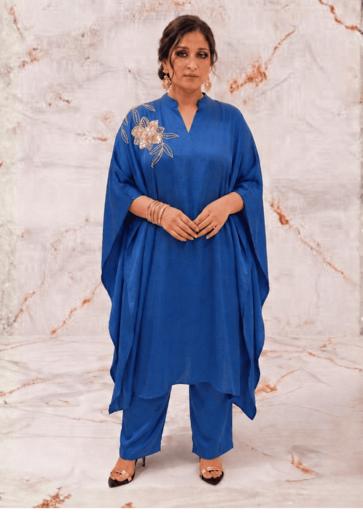 Teal Blue Indo-Western Kaftan Co-Ord Set with Embroidered Shoulders & Back (Code SC - 5)