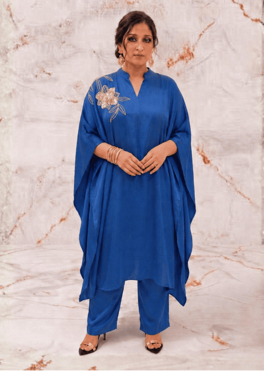 Teal Blue Indo-Western Kaftan Co-Ord Set with Embroidered Shoulders & Back (Code SC - 5)