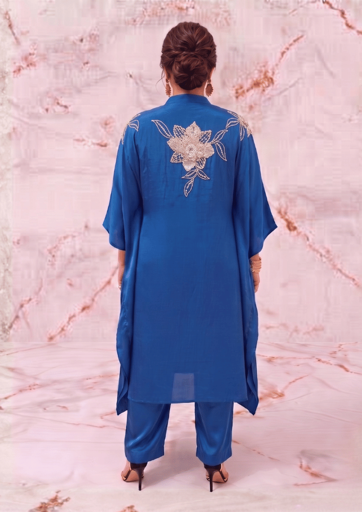 Teal Blue Indo-Western Kaftan Co-Ord Set with Embroidered Shoulders & Back (Code SC - 5)