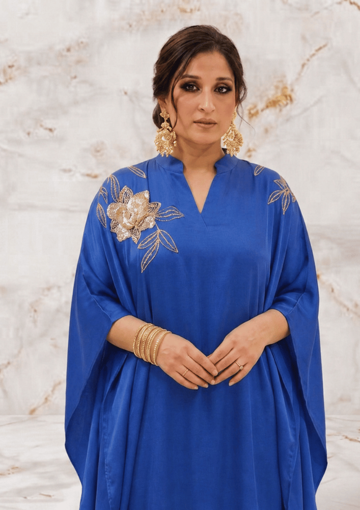 Teal Blue Indo-Western Kaftan Co-Ord Set with Embroidered Shoulders & Back (Code SC - 5)