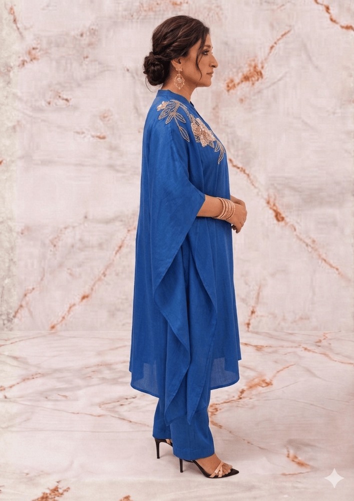 Teal Blue Indo-Western Kaftan Co-Ord Set with Embroidered Shoulders & Back (Code SC - 5)