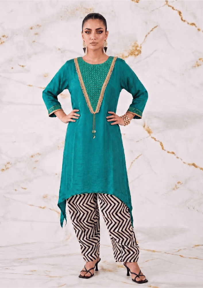 Teal Green Indo-Western Kurta Co-Ord Set with Mirror Work & Striped Farshi Salwar (Code SC - 8)