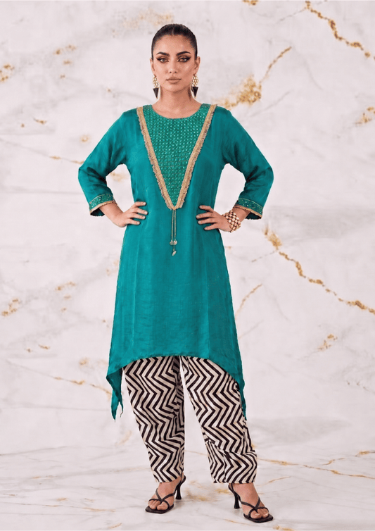 Teal Green Indo-Western Kurta Co-Ord Set with Mirror Work & Striped Farshi Salwar (Code SC - 8)