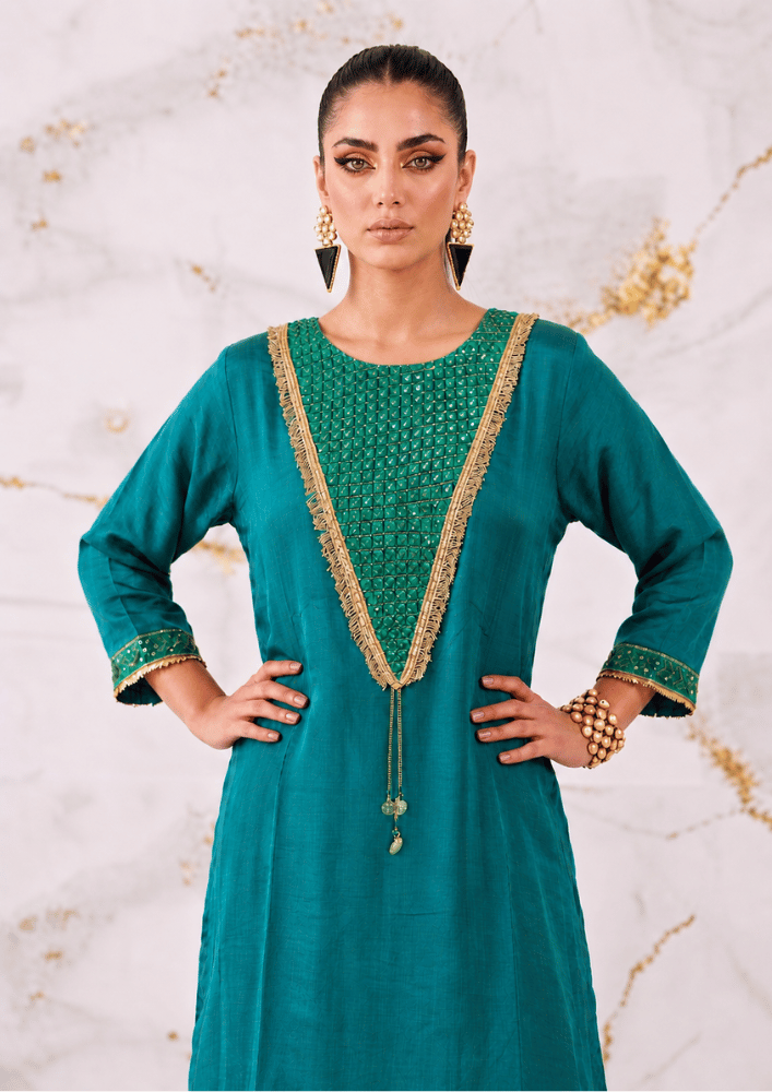 Teal Green Indo-Western Kurta Co-Ord Set with Mirror Work & Striped Farshi Salwar (Code SC - 8)