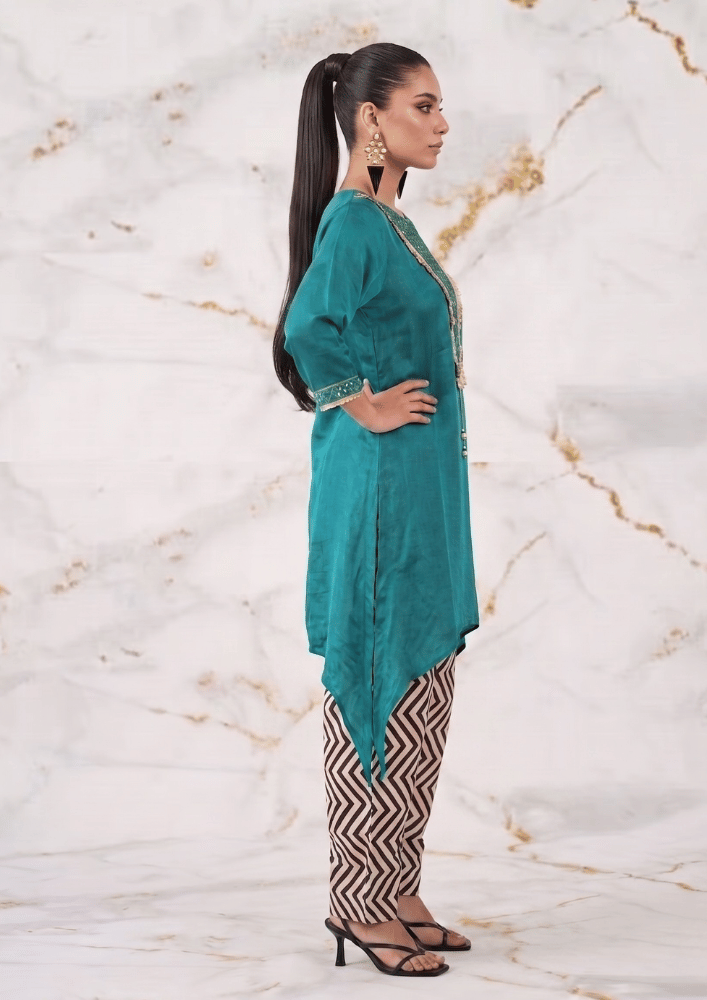 Teal Green Indo-Western Kurta Co-Ord Set with Mirror Work & Striped Farshi Salwar (Code SC - 8)