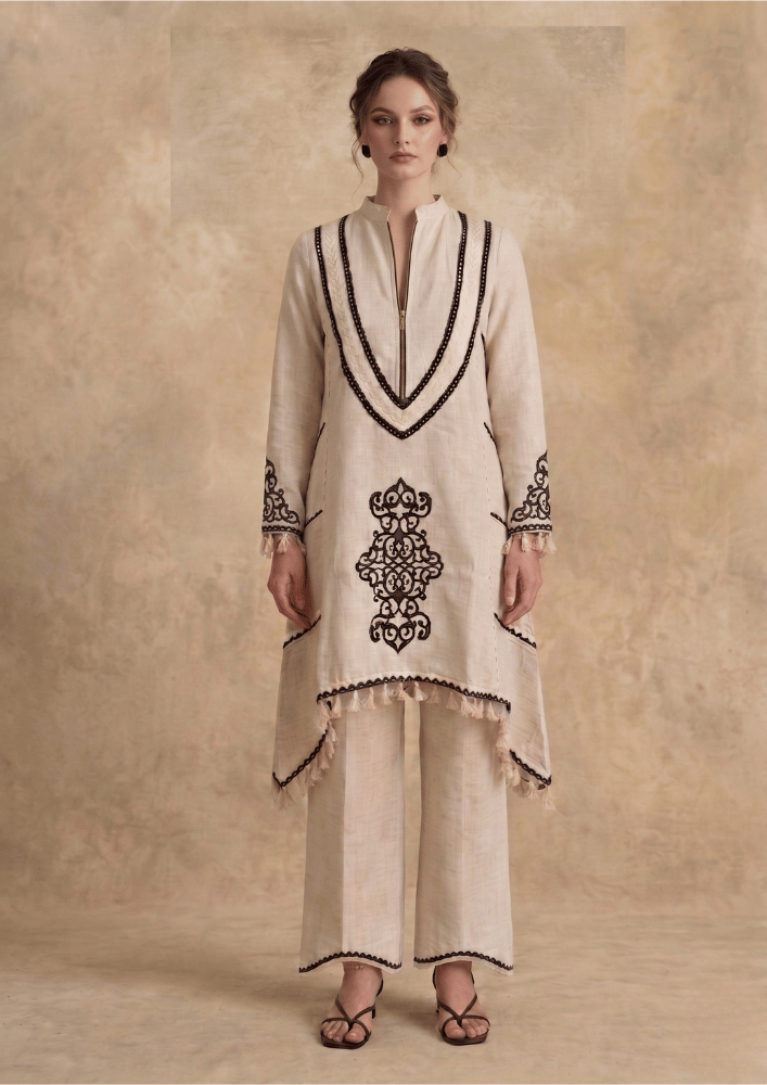 White Chinese Collar Indo-Western Co-Ord Set with Black Lace Detailing (Code RU - 11 (FL 2252))