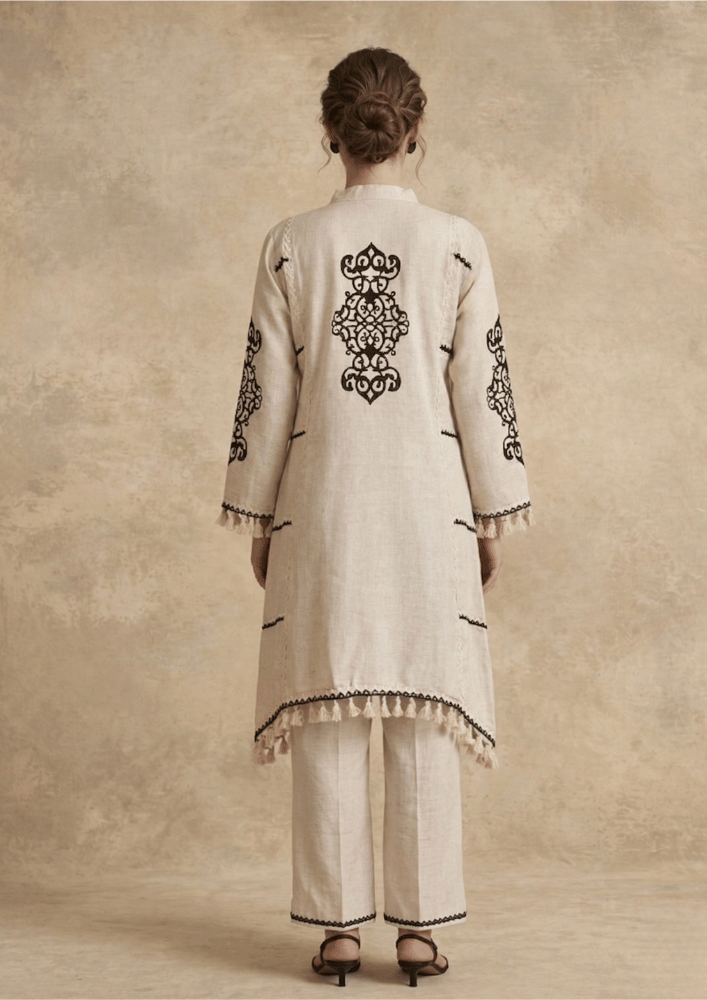 White Chinese Collar Indo-Western Co-Ord Set with Black Lace Detailing (Code RU - 11 (FL 2252))