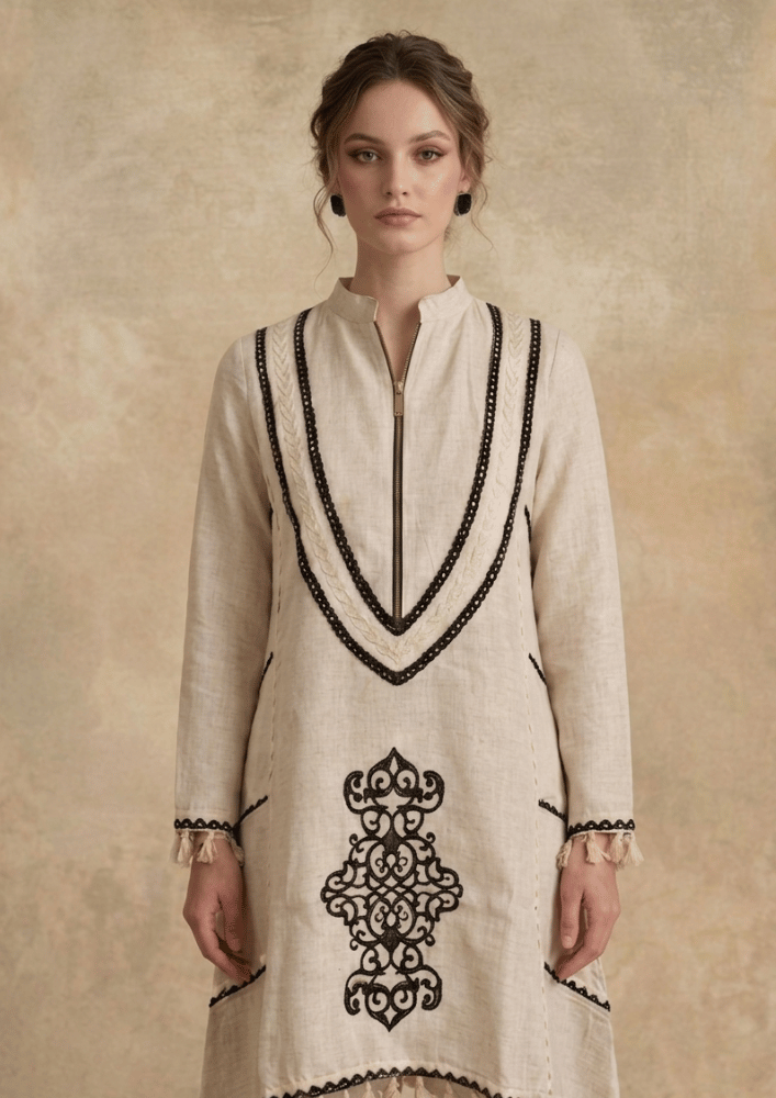White Chinese Collar Indo-Western Co-Ord Set with Black Lace Detailing (Code RU - 11 (FL 2252))