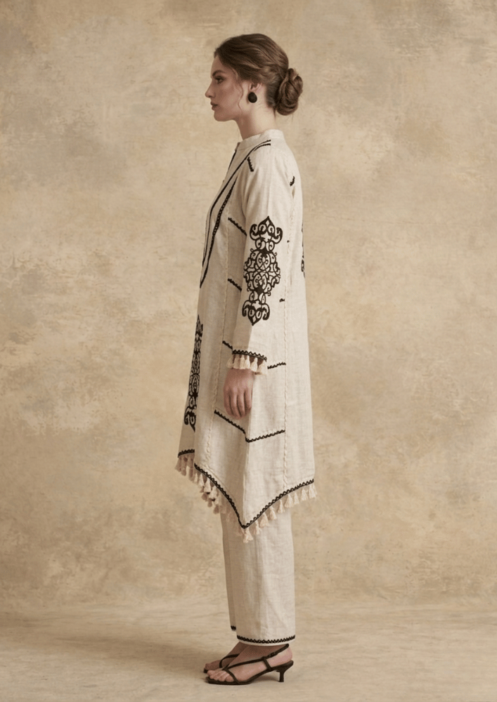 White Chinese Collar Indo-Western Co-Ord Set with Black Lace Detailing (Code RU - 11 (FL 2252))