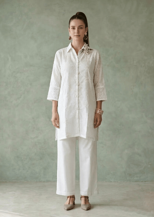 White Indo-Western Embroidered Kurta Co-Ord Set with Straight Pants (Code St - 7 (1812 WE))