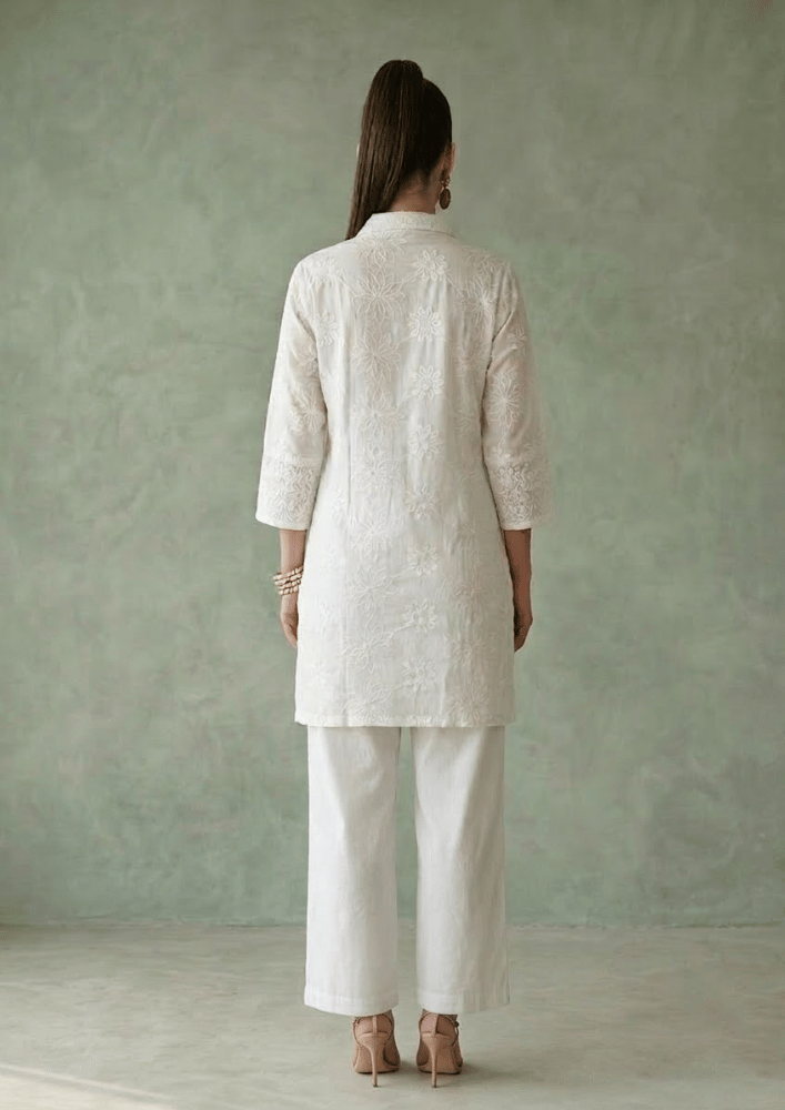 White Indo-Western Embroidered Kurta Co-Ord Set with Straight Pants (Code St - 7 (1812 WE))