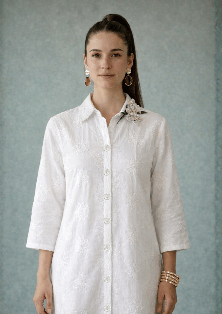 White Indo-Western Embroidered Kurta Co-Ord Set with Straight Pants (Code St - 7 (1812 WE))