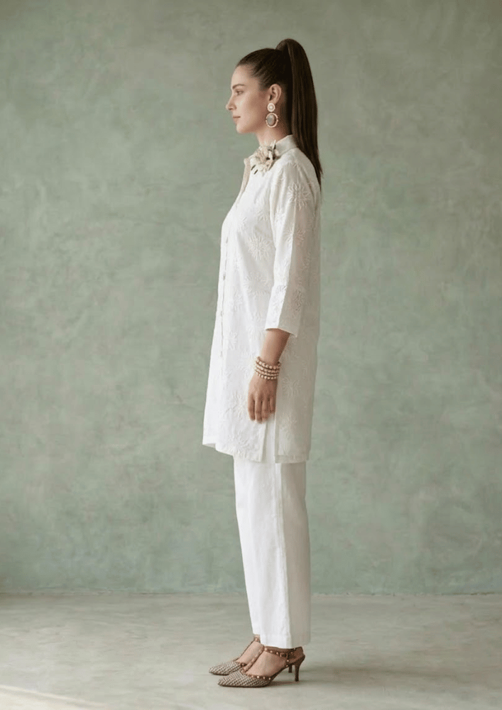 White Indo-Western Embroidered Kurta Co-Ord Set with Straight Pants (Code St - 7 (1812 WE))