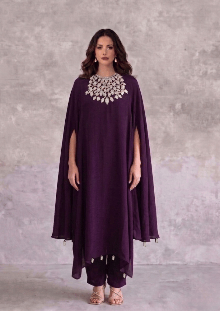 Wine Indo-Western Poncho Cape Co-Ord Set with Straight Pants (Code Do - 8)