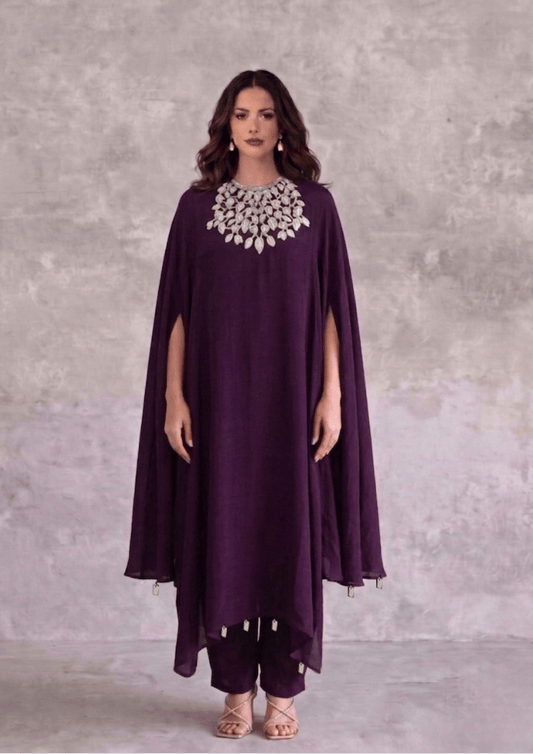 Wine Indo-Western Poncho Cape Co-Ord Set with Straight Pants (Code Do - 8)
