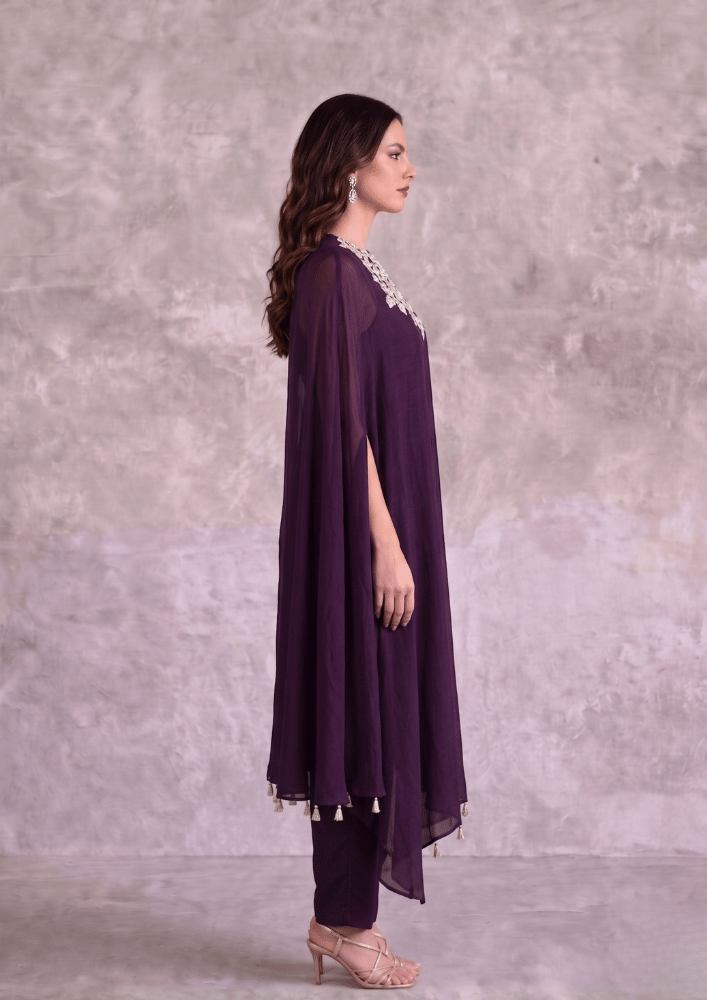 Wine Indo-Western Poncho Cape Co-Ord Set with Straight Pants (Code Do - 8)