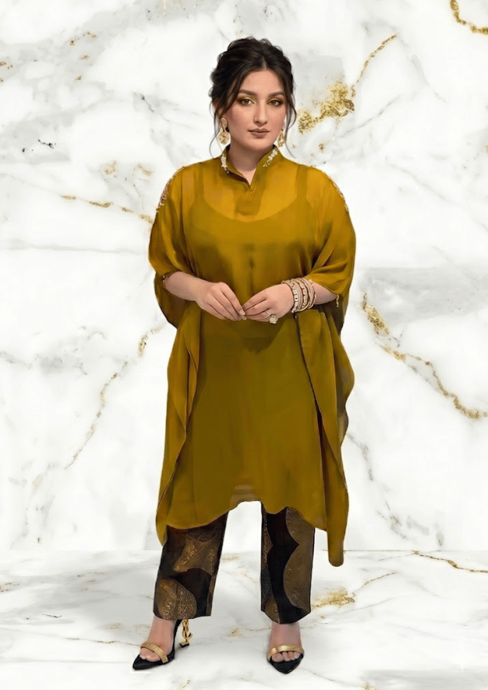 Yellow Organza Indo-Western Kaftan Co-Ord Set with Farshi Salwar (Code SC - 2)