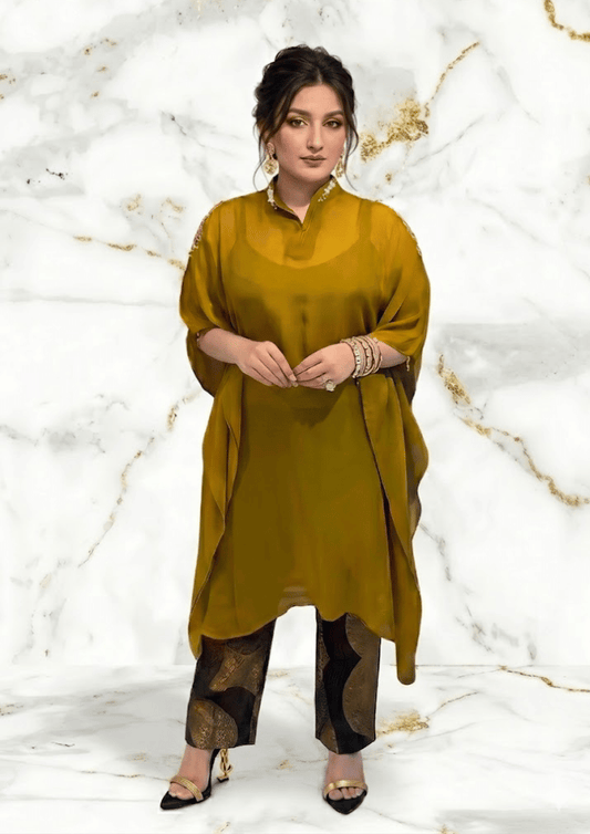 Yellow Organza Indo-Western Kaftan Co-Ord Set with Farshi Salwar (Code SC - 2)