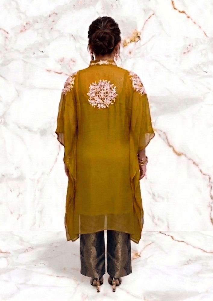 Yellow Organza Indo-Western Kaftan Co-Ord Set with Farshi Salwar (Code SC - 2)