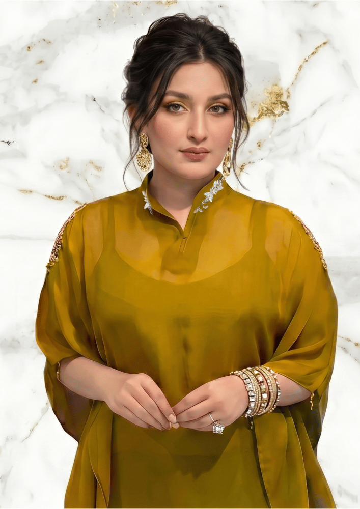 Yellow Organza Indo-Western Kaftan Co-Ord Set with Farshi Salwar (Code SC - 2)