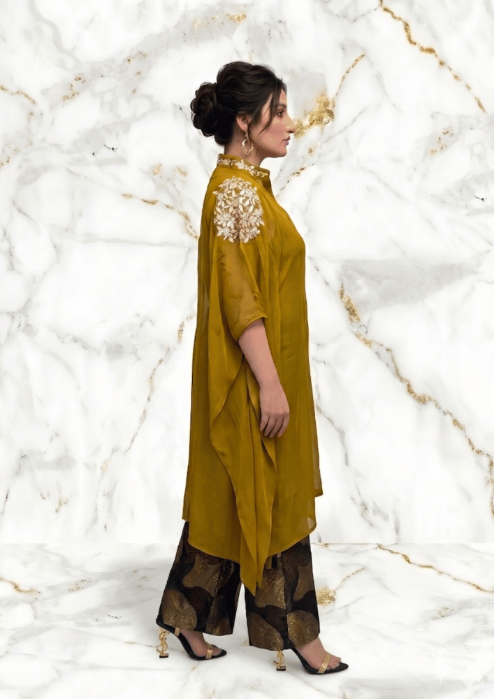 Yellow Organza Indo-Western Kaftan Co-Ord Set with Farshi Salwar (Code SC - 2)