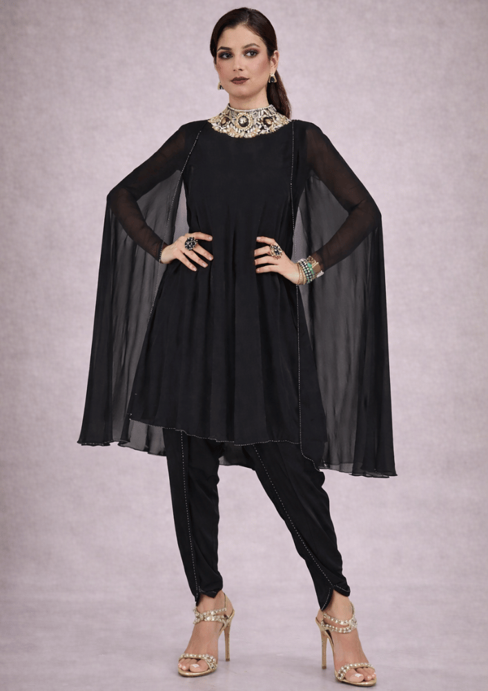 Black Luxury Indo-Western Poncho Cape Co-Ord Set with tulip Doti Pants (Code Do - 7)