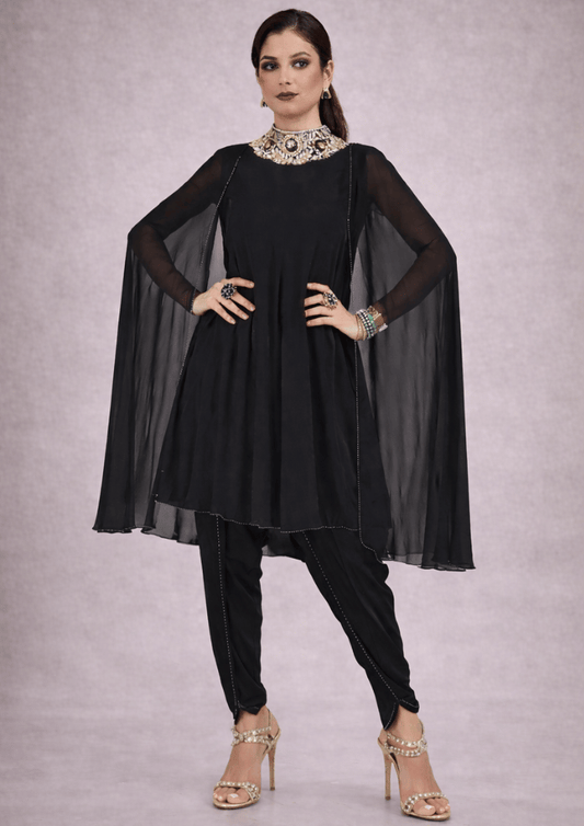Black Luxury Indo-Western Poncho Cape Co-Ord Set with tulip Doti Pants (Code Do - 7)