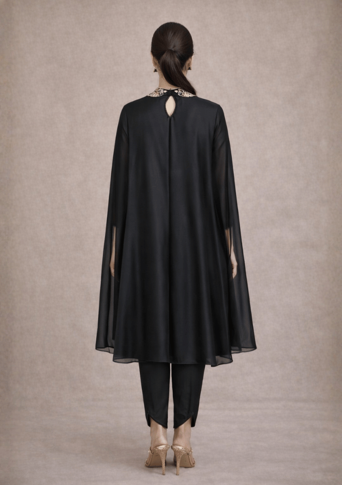 Black Luxury Indo-Western Poncho Cape Co-Ord Set with tulip Doti Pants (Code Do - 7)