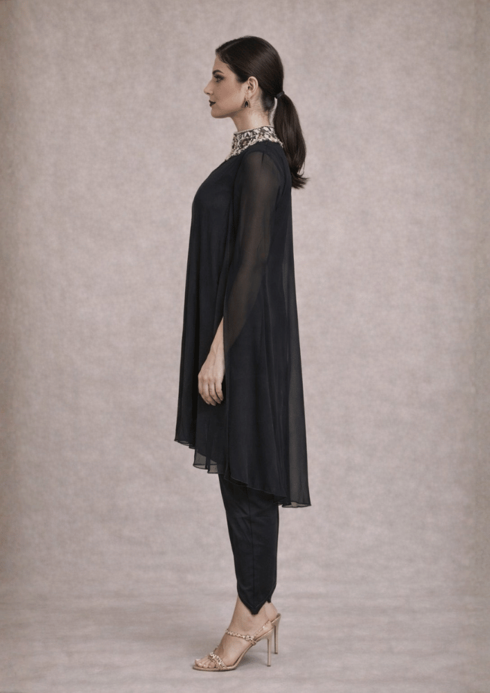 Black Luxury Indo-Western Poncho Cape Co-Ord Set with tulip Doti Pants (Code Do - 7)