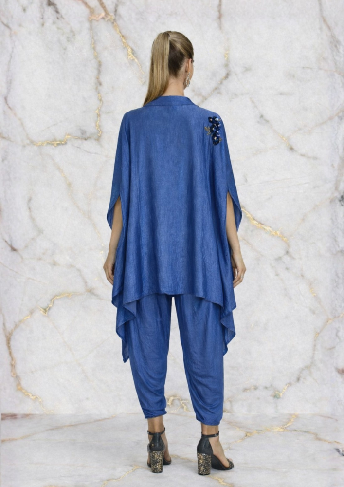 Blue Embellished Poncho Set with Tulip Dhoti Pants Indowestern & Fusion Wear (Code 107 - 5)