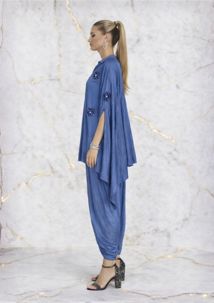 Blue Embellished Poncho Set with Tulip Dhoti Pants Indowestern & Fusion Wear (Code 107 - 5)