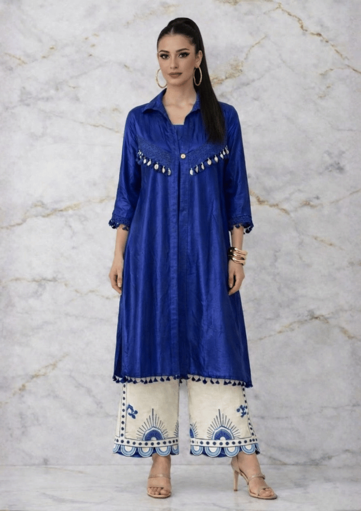 Blue Indo-Western Shell Detail Co-Ord Set with Printed Palazzo (Code RU - 2 (2008))