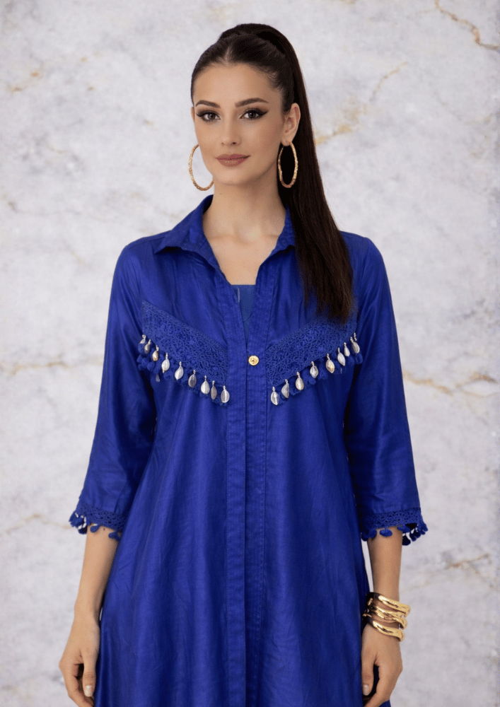 Blue Indo-Western Shell Detail Co-Ord Set with Printed Palazzo (Code RU - 2 (2008))