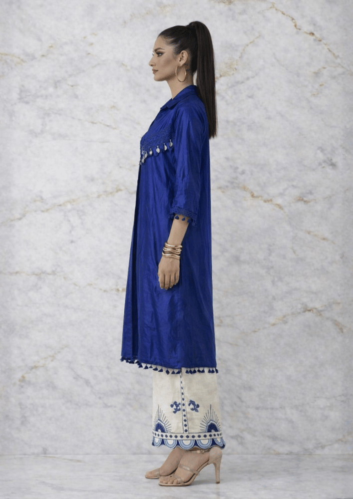 Blue Indo-Western Shell Detail Co-Ord Set with Printed Palazzo (Code RU - 2 (2008))