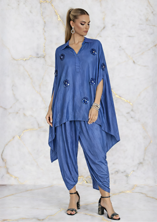 Blue Embellished Poncho Set with Tulip Dhoti Pants Indowestern & Fusion Wear (Code 107 - 5)