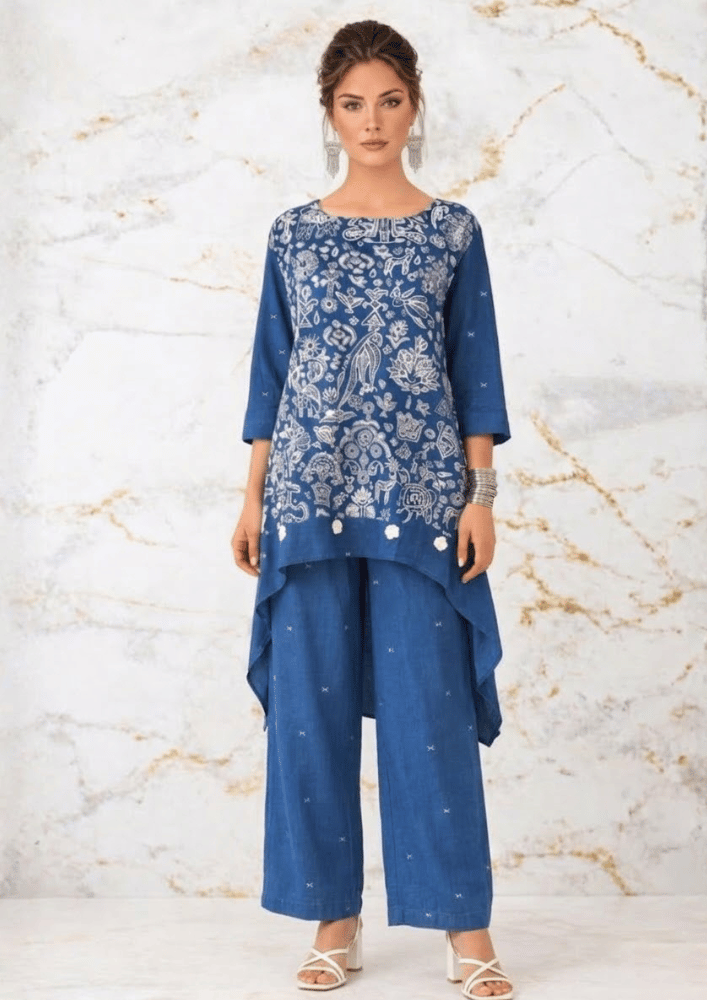 Blue Printed Indo-Western High-Low Co-Ord Set with Straight Palazzos (Code SC - 18)