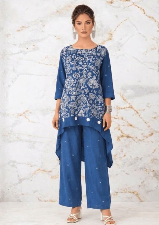 Blue Printed Indo-Western High-Low Co-Ord Set with Straight Palazzos (Code SC - 18)