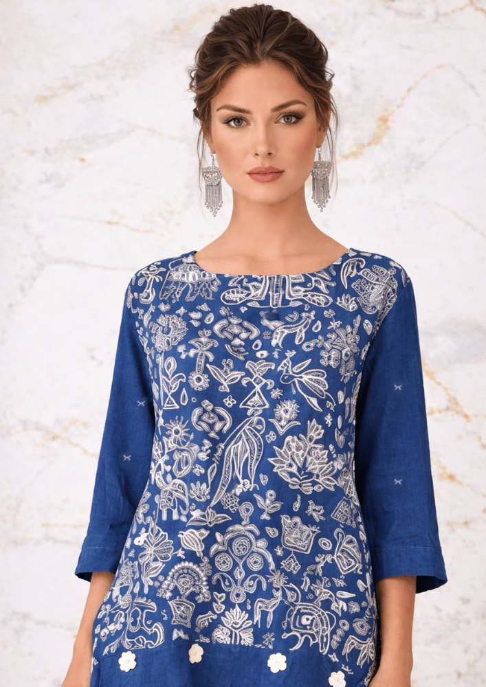 Blue Printed Indo-Western High-Low Co-Ord Set with Straight Palazzos (Code SC - 18)