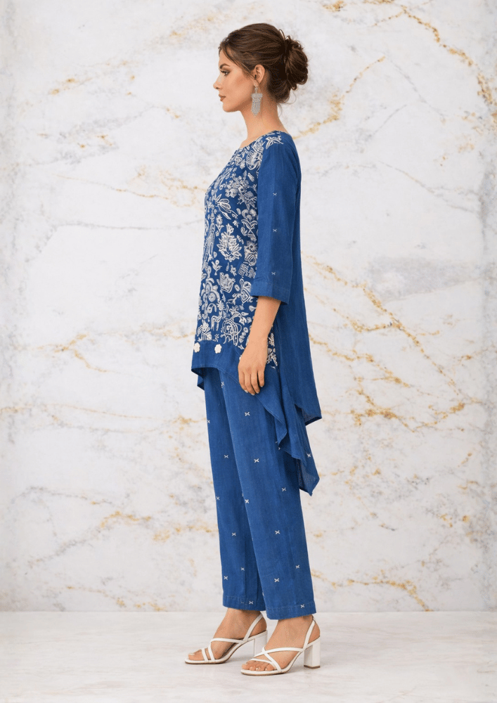 Blue Printed Indo-Western High-Low Co-Ord Set with Straight Palazzos (Code SC - 18)