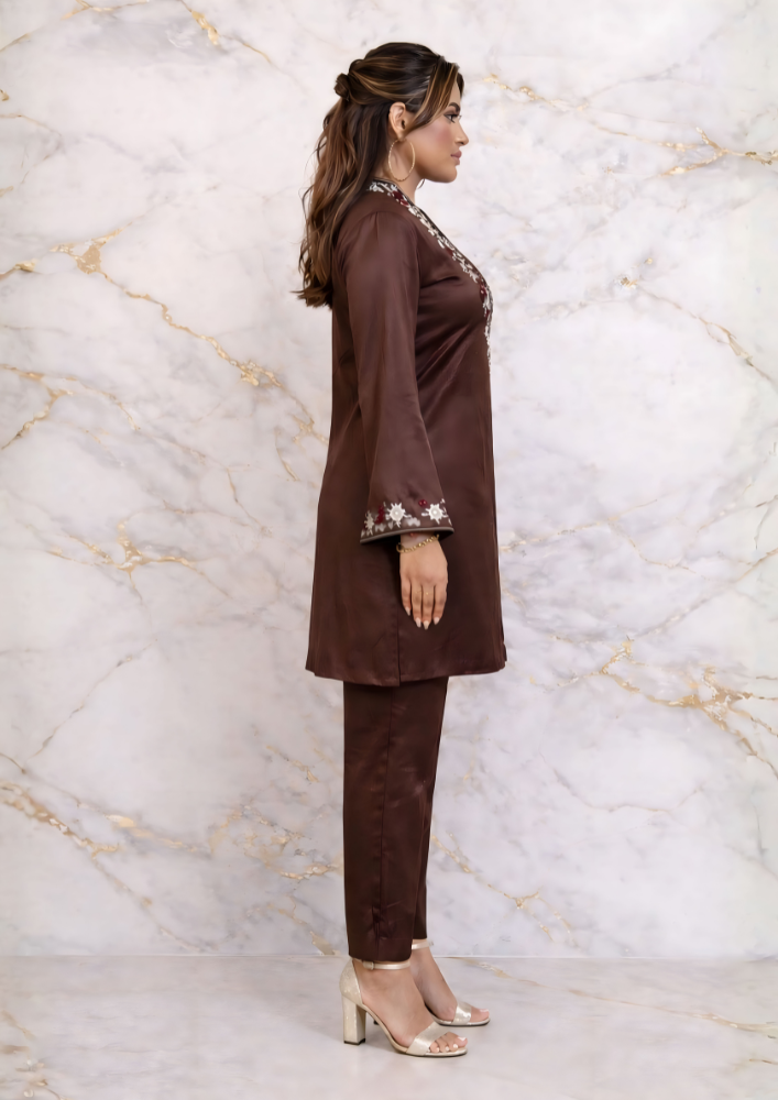 Brown Embroidered Kurta Set with Deep V-Neck & Straight Pants  (Code 107 - 4)
